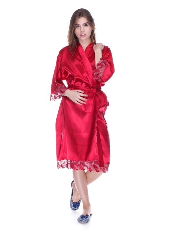 Женский халат со стрейчом атласа, батал. красный, Serenade, модель 1091