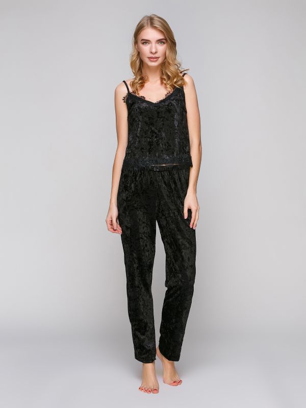 Жіноча піжама зі штанами, велюр, чорний, Serenade. модель 5044