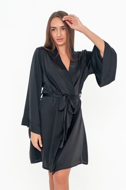 Женский халат, шелк Армани, черный, Serenade, модель 991К