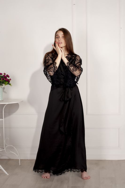 Жіночий шовковий халат, довгий, чорний, Serenade, модель 774