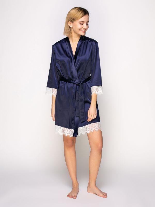 Жіночий халат, сатін шовк. синій, Serenade, модель 461