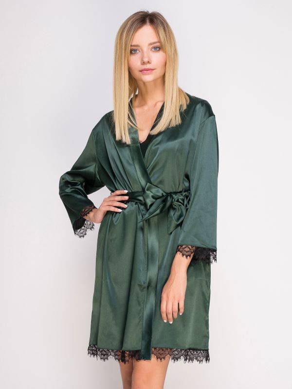Халат жіночий, сатін шовк, темно-зелений,, Serenade, модель 471