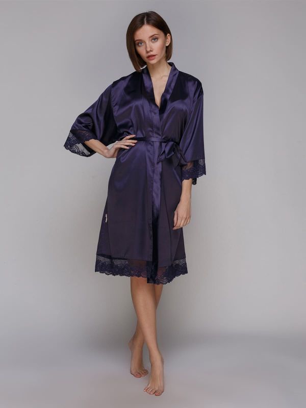 Женский халат, шелк Армани, синий, батал, Serenade, модель 1041
