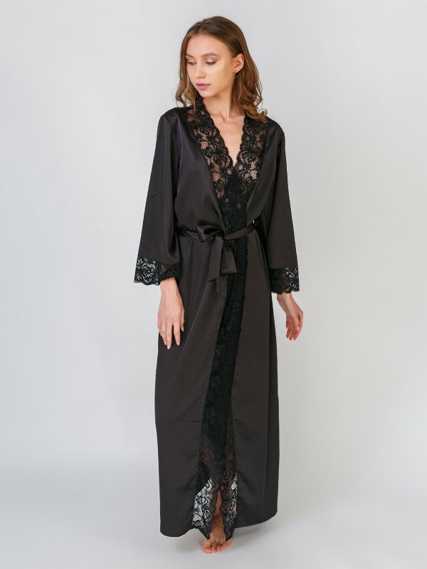 Женский халат, длинный. гипюровый, черный, Serenade,модель 791Д