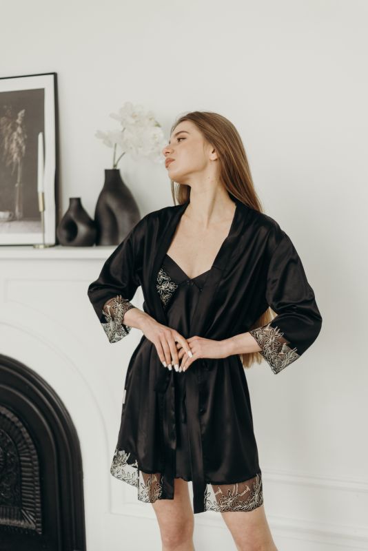 Женский халат, сатин шелк, черный, Serenade, модель 841