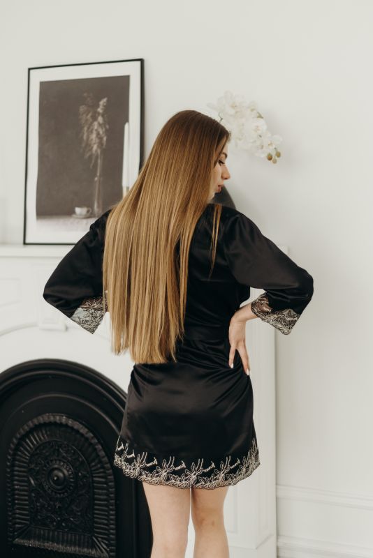 Женский халат, сатин шелк, черный, Serenade, модель 841